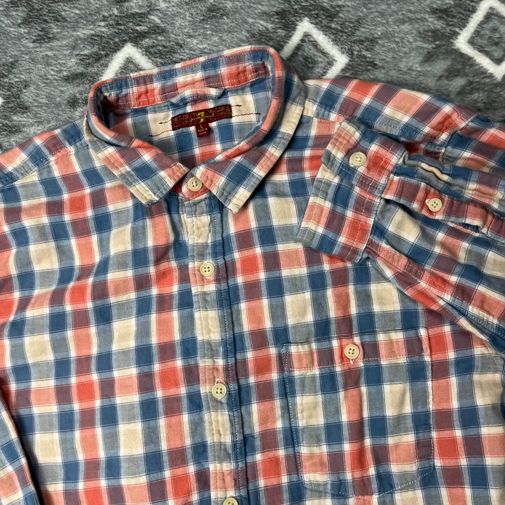 7 For All Mankind Mens Plaid Double Cloth Button Down Shirt Large Blue Red L81
